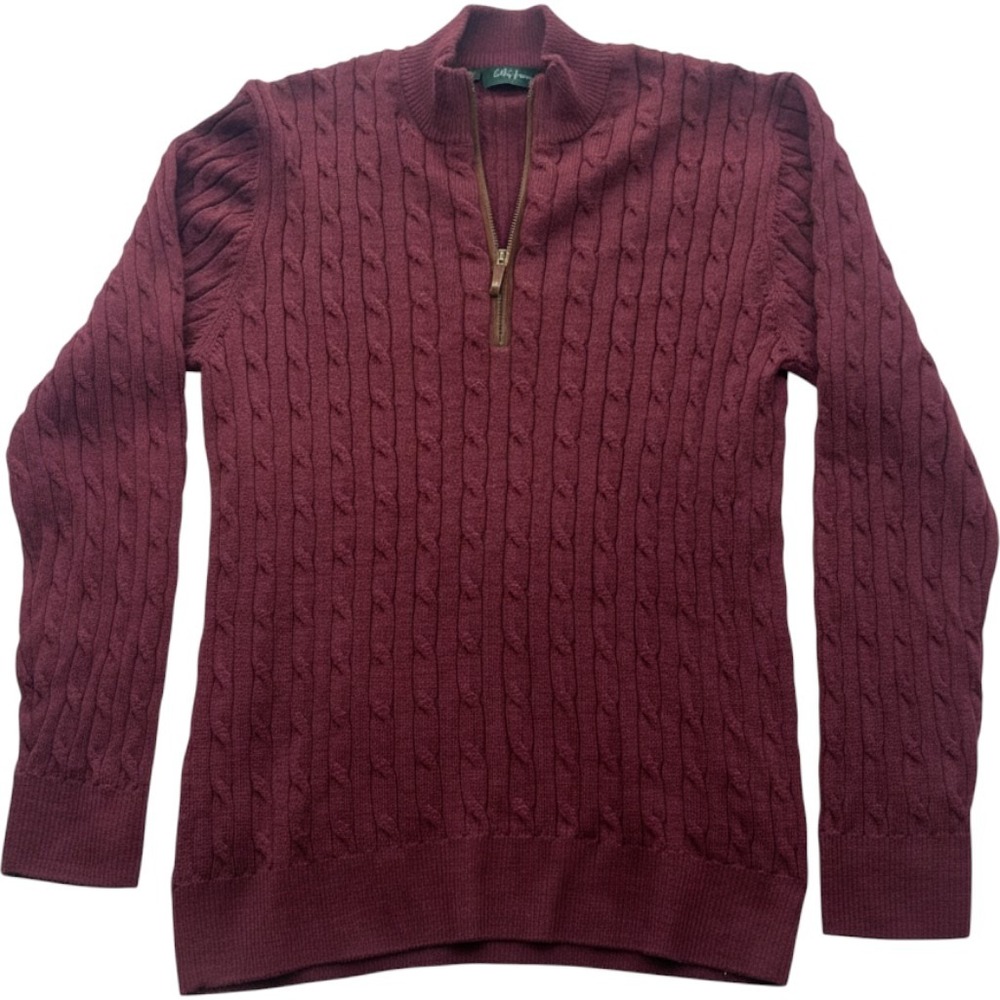 Bobby Jones Mens Large Burgundy 100% Baby Alpaca Cable Knit Quarter Zip Sweater